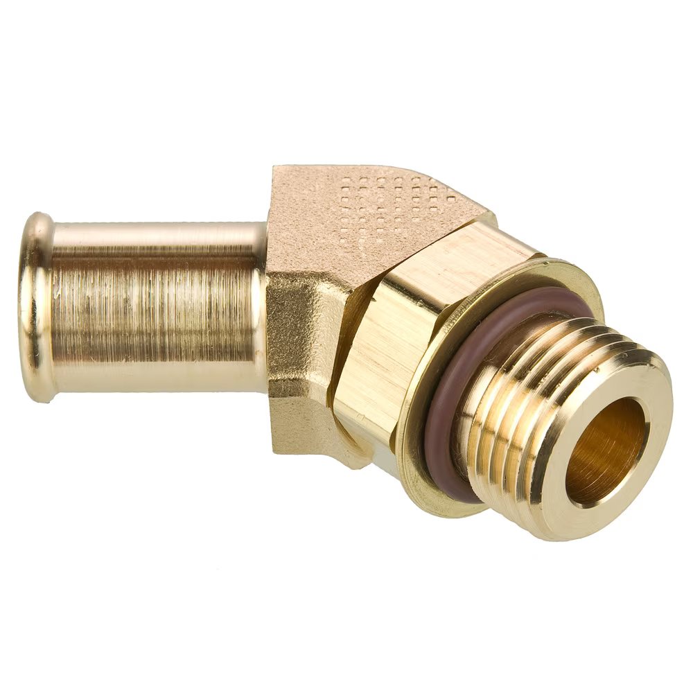 179HB-16-MI27 by Parker | Hose Barb Fittings | 3/4" Beaded Hose Barb x M27X2.0 Metric Thread | 1-1/16" Hex | 45° Elbow | Brass | Pack of 2
