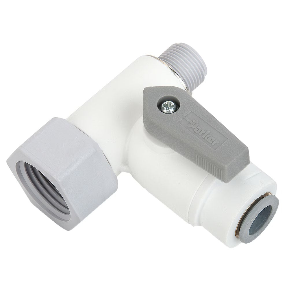 LFPP6VAS6 by Parker | LIQUIfit® Ball Valve | 3/8" Angle Stop Valve with 3/8" Male NPT Thread x 3/8" Female NPT Thread | 2.17" Length | 1.4" Height | Tee | Polypropylene