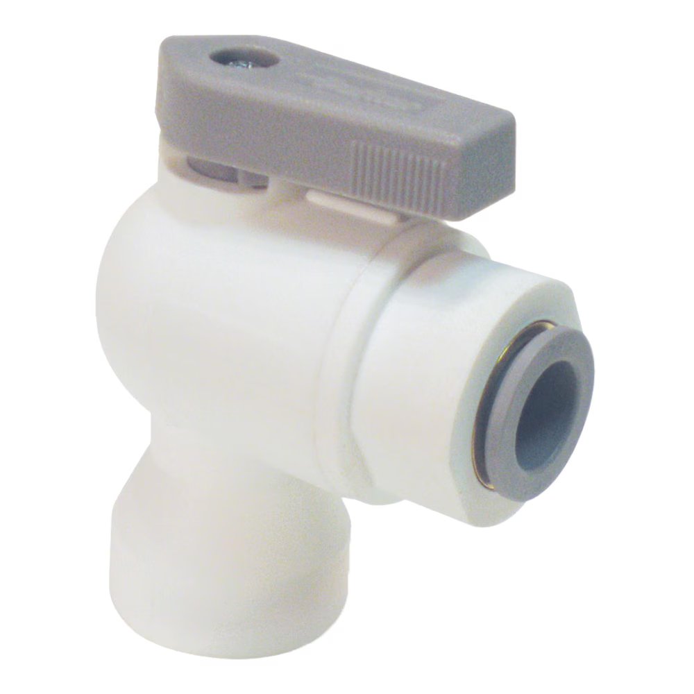 LFPP6VFE4 by Parker | LIQUIfit® Ball Valve | 3/8" Ball Valve x 1/4" Female NPTF Thread | 2.05" Length | 1.85" Width | 90° Elbow | Polypropylene