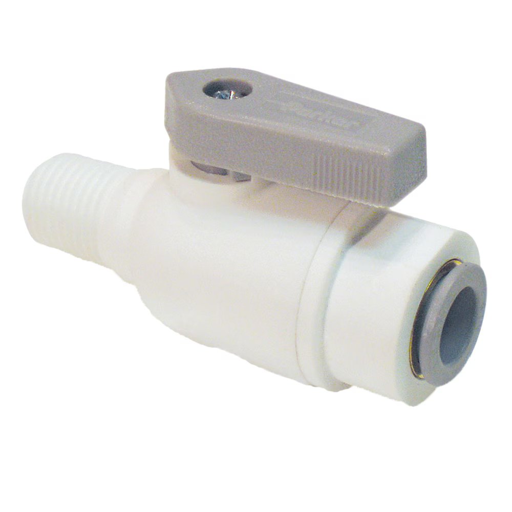 LFPP6VMC4 by Parker | LIQUIfit® Ball Valve | 3/8" Connector x 1/4" Male NPTF Thread | 2.51" Length | 1.4" Width | Straight | Polypropylene