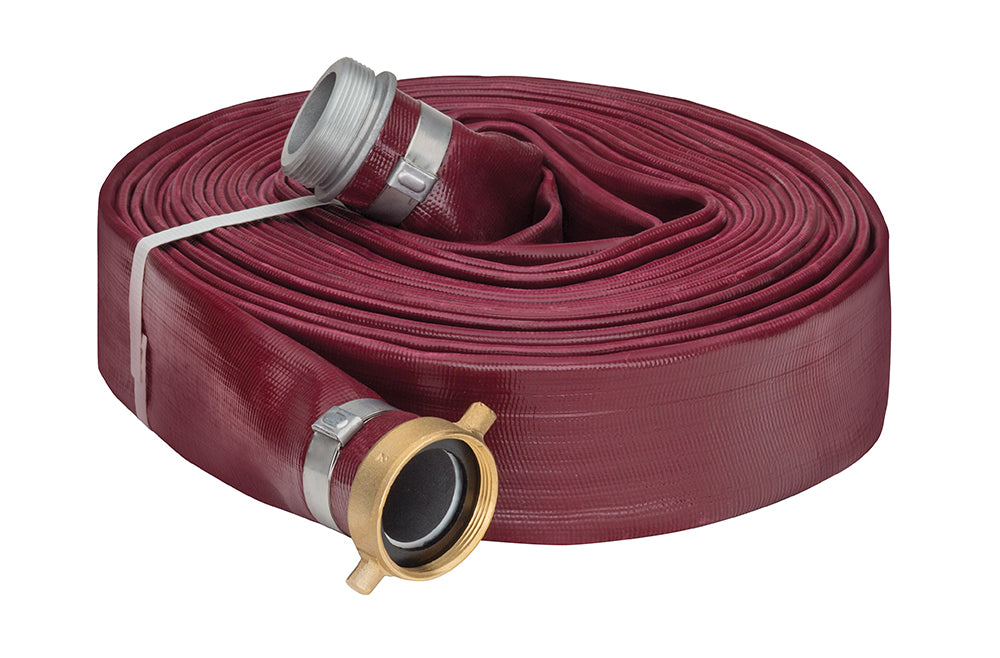LFR200APLX50 by Kuriyama | LFR-APL Series | Layflat Hose Assembly | PVC | 2" Size | Red | Male x Female Pin Lug Couplings | Aluminum | 50ft Length