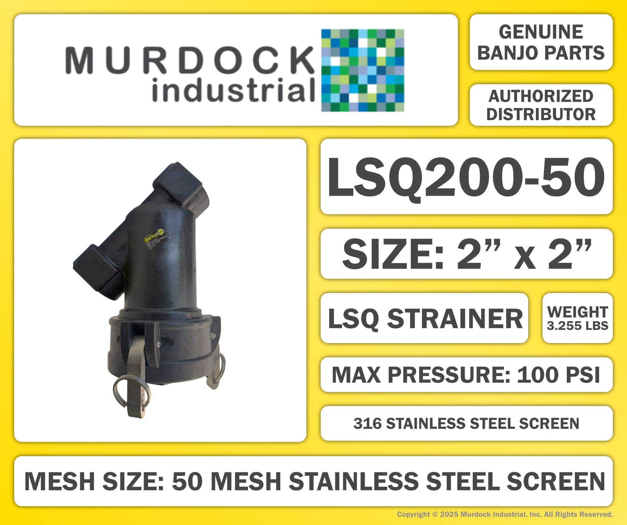 LSQ200-50 by Banjo | LSQ Line Strainer | 2" x 2" Female NPT with 50 Mesh Screen | EPDM lathe cut gasket | 100 PSI | Polypropylene
