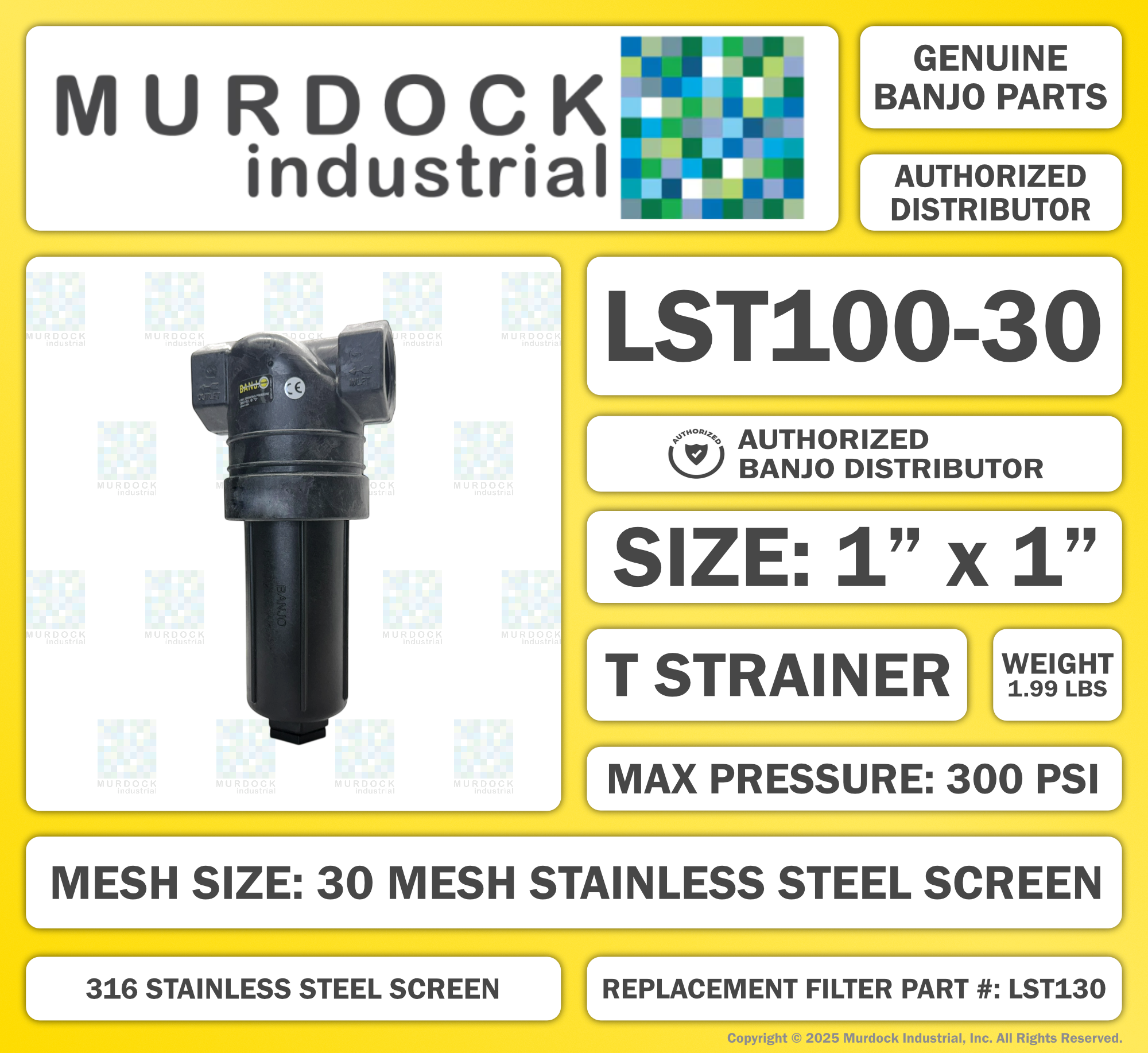 LST100-30 by Banjo | T Line Strainer | 1" x 1" Female NPT with 30 Mesh Stainless Steel Screen | 300 PSI | Polypropylene