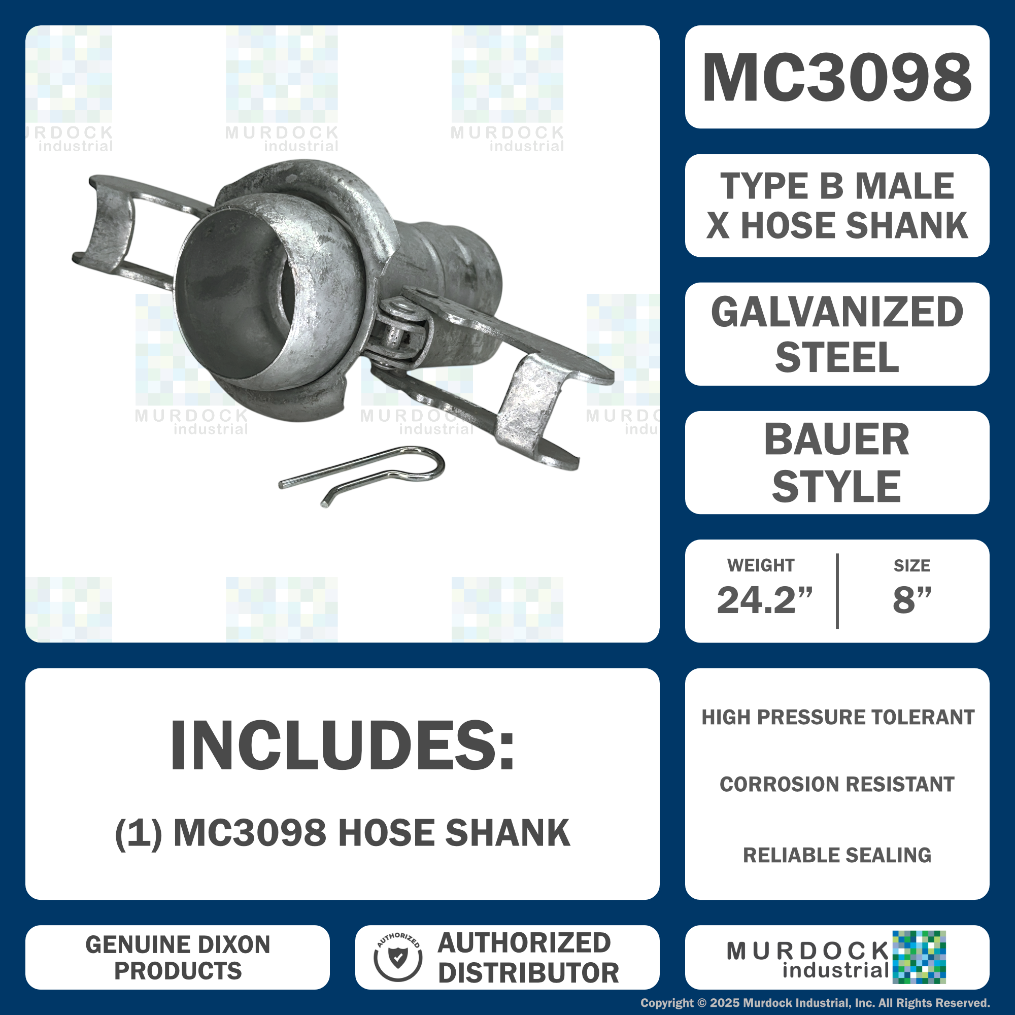 MC3098 by Dixon Valve | Type B (Bauer Style) Quick Connect Fitting | 8" Size | Male with Hose Barb | Galvanized Steel