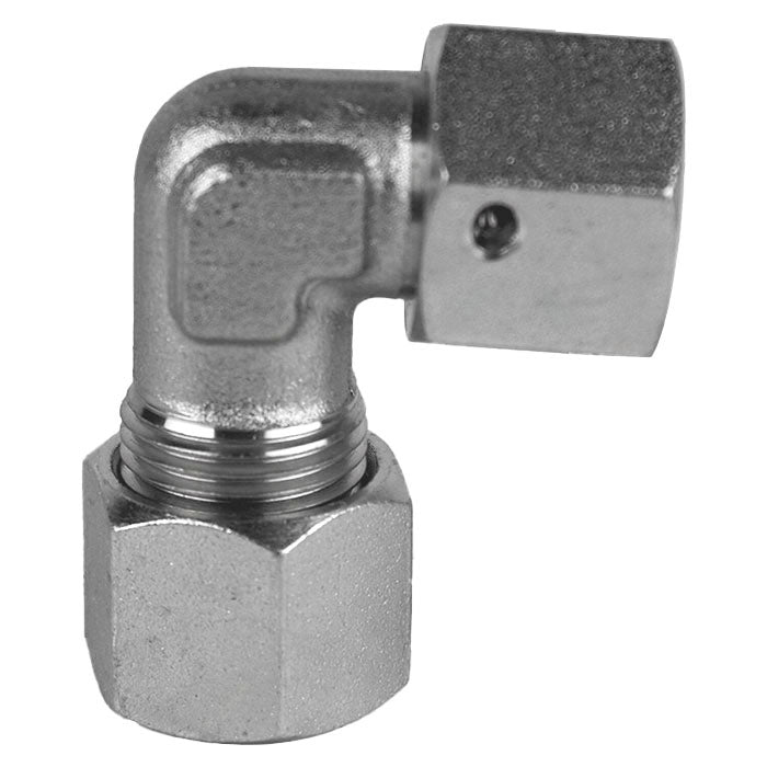 D6500-S30-S30 by Midland | Hydraulic Metric Compression Fitting | DIN  to Female DIN Swivel | 90° Elbow | Heavy | S30 Tube OD x S30 Tube OD | Steel
