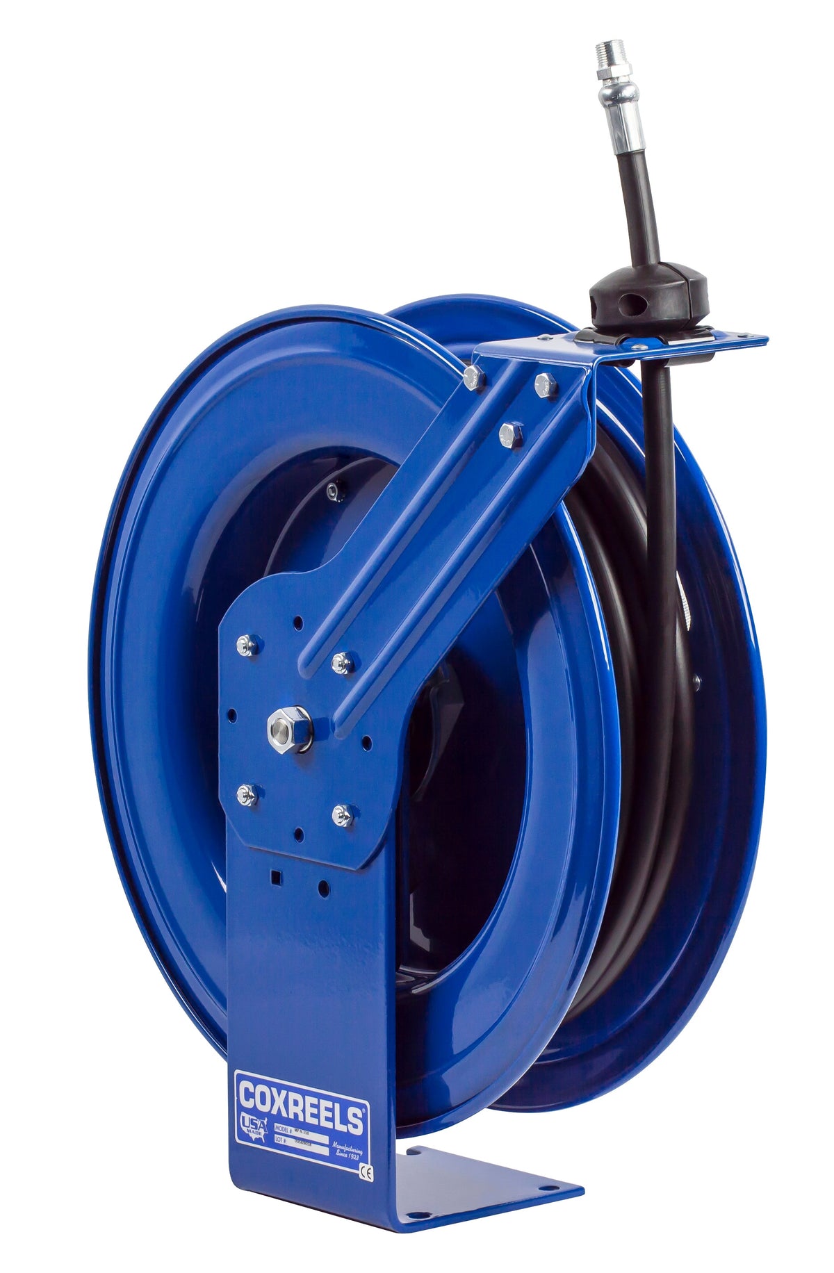 MP-N-350 by Coxreels | SH Series | 3,000 PSI Spring Driven Hose Reel for Air, Water & Oil | 3/8" Hose ID, 3/8" FNPT Inlet x 3/8" MNPT Hose End | Steel | 50ft Rubber Hose Included
