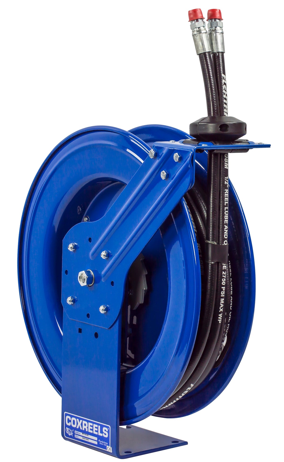 MPD-N-330 by Coxreels | MPD Series | 3,000 PSI Dual Hose Spring Driven Hose Reel for Hydraulic Oil | 3/8" Hose ID, 3/8" FNPT Inlet x 3/8" MNPT Hose End | Steel | 30ft Synthetic Rubber Hose Included