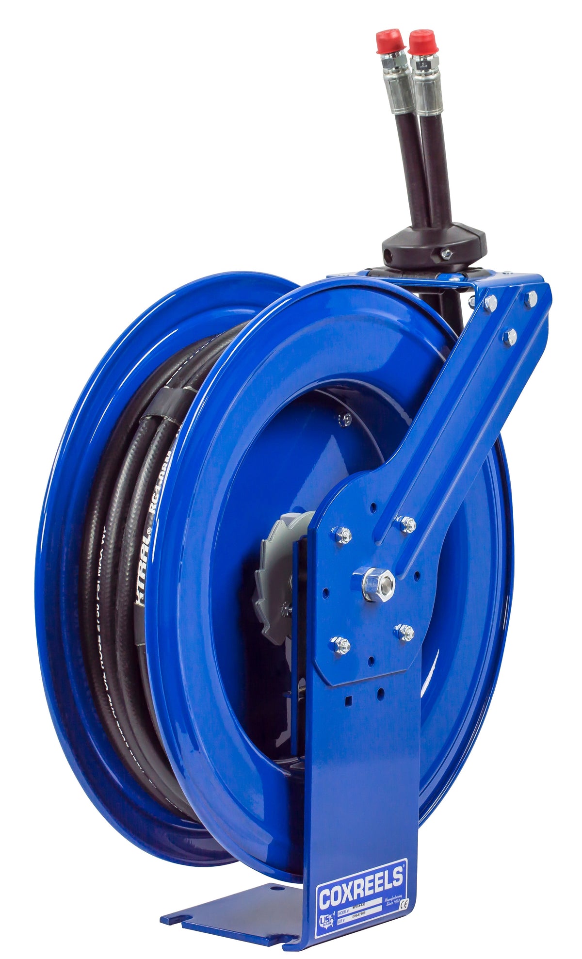 MPD-N-430 by Coxreels | MPD Series | 2,500 PSI Dual Hose Spring Driven Hose Reel for Hydraulic Oil | 1/2" Hose ID, 3/8" FNPT Inlet x 3/8" MNPT Hose End | Steel | 30ft Synthetic Rubber Hose Included