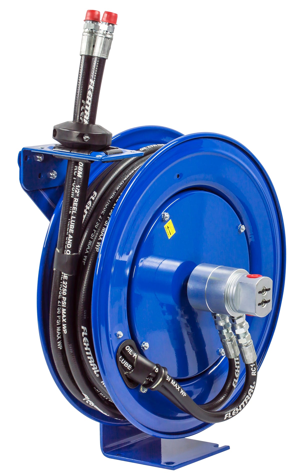 MPD-N-430 by Coxreels | MPD Series | 2,500 PSI Dual Hose Spring Driven Hose Reel for Hydraulic Oil | 1/2" Hose ID, 3/8" FNPT Inlet x 3/8" MNPT Hose End | Steel | 30ft Synthetic Rubber Hose Included