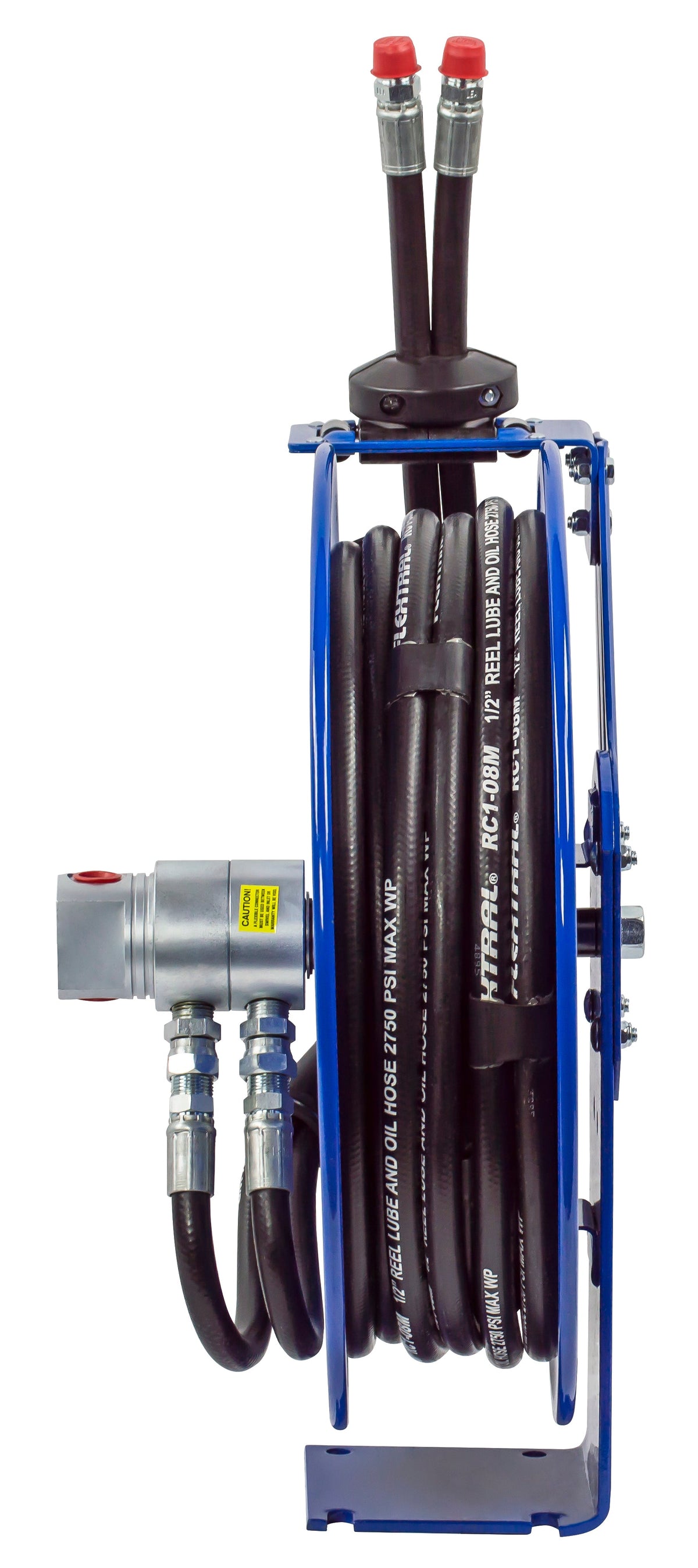 MPD-N-330 by Coxreels | MPD Series | 3,000 PSI Dual Hose Spring Driven Hose Reel for Hydraulic Oil | 3/8" Hose ID, 3/8" FNPT Inlet x 3/8" MNPT Hose End | Steel | 30ft Synthetic Rubber Hose Included