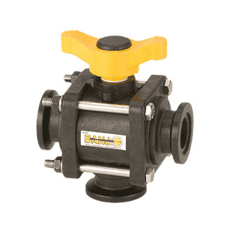MV200BL by Banjo | 3-Way Manifold Ball Valve for 4-Bolt Bottom Load | 2" Flange x 2" Flange | Opening Thru Ball: 1-1/2" | T Handle | 225 PSI | Polypropylene | Pack of 6