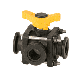 MV100SL by Banjo | 3-Way Manifold Ball Valve for Full Port Slide Load | 4-Bolt | 1" Flange x 1" Flange | Opening Thru Ball: 1" | T Handle | 300 PSI | Polypropylene | Pack of 6