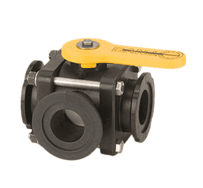 MV200SL by Banjo | 3-Way Manifold Ball Valve for Standard Port Side Load | 4-Bolt | 2" Flange x 2" Flange | Opening Thru Ball: 1-1/2" | Straight Handle | 225 PSI | Polypropylene | Pack of 5