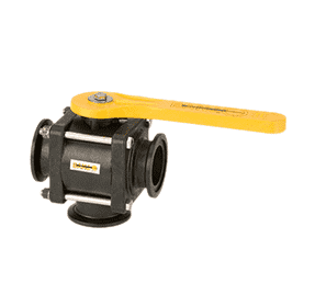 MV220BL by Banjo | 3-Way Manifold Ball Valve for Full Port Bottom | 4-Bolt | 2" Flange x 2" Flange | Opening Thru Ball: 2" | Straight Handle | 150 PSI | Polypropylene  | Pack of 6