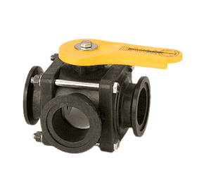 MV220SL by Banjo | 3-Way Manifold Ball Valve for Full Port 4-Bolt Side Load | 2" Flange x 2" Flange | Opening Thru Ball: 2" | Straight Handle | 100 PSI | Polypropylene | Pack of 8