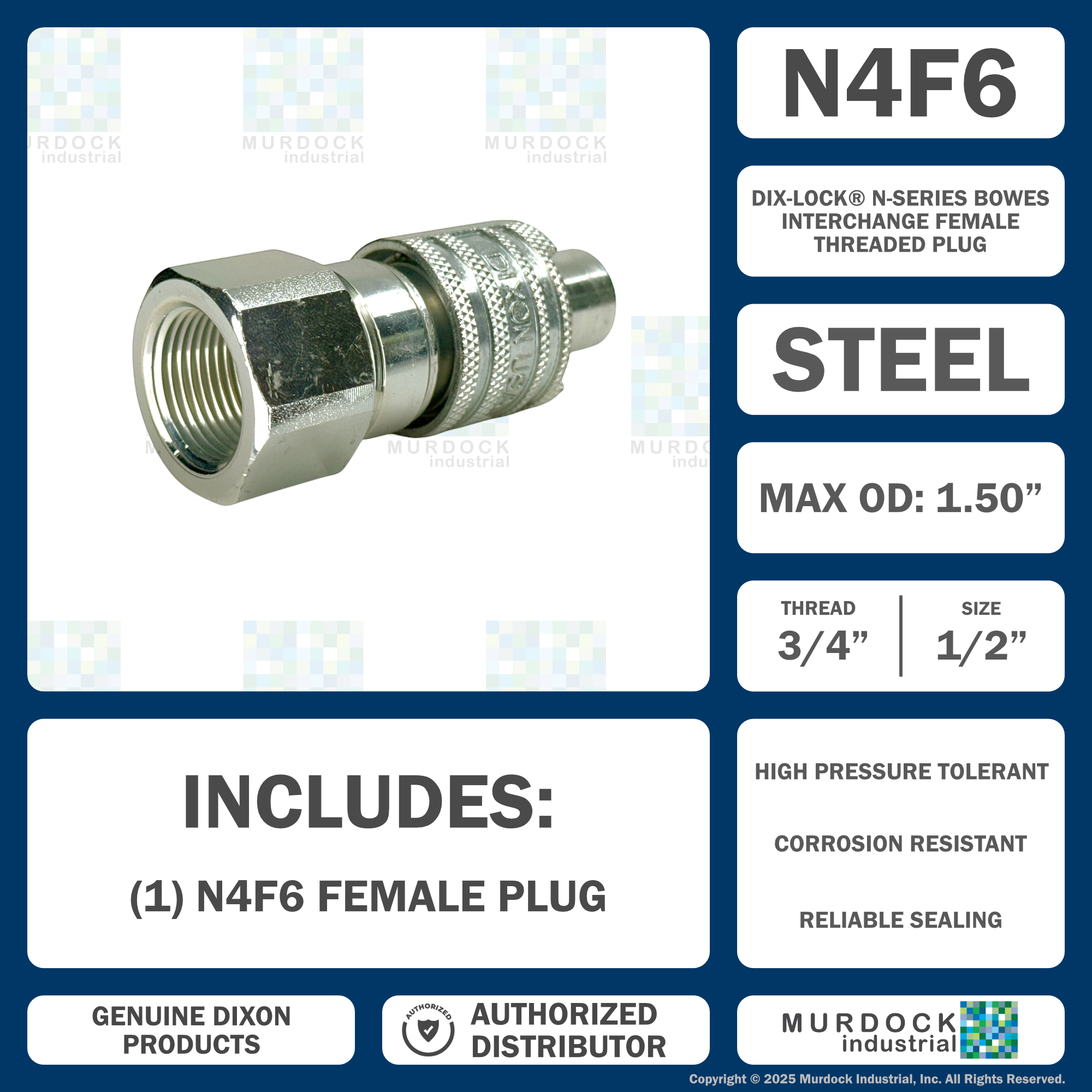 N4F6 by Dixon Valve | Pneumatic Quick Disconnect Coupling | Dix-Lock® N-Series | 3/4" Female NPTF x 1/2" Body Size | Plug | Steel