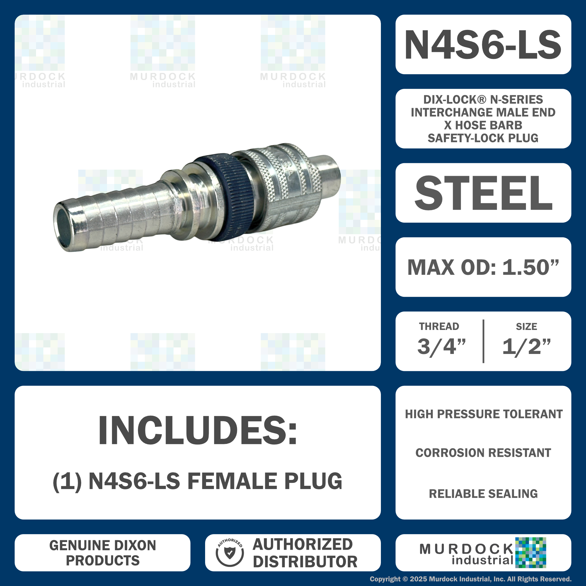 N4S6-LS by Dixon Valve | Pneumatic Quick Disconnect Coupling | Dix-Lock® N-Series | Hose Barb | 3/4" Hose ID x 1/2" Body Size | Plug with Locking Sleeve | Steel