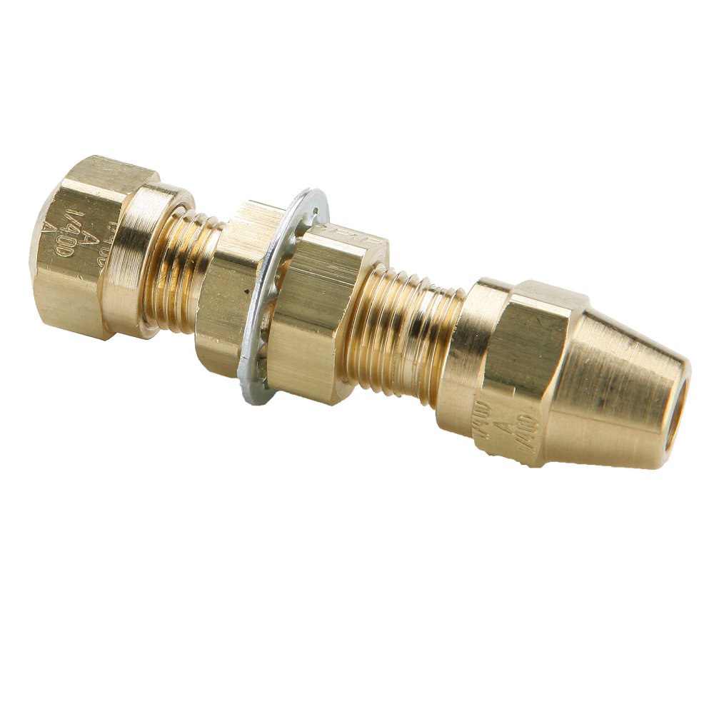 62ANBH-4 by Parker | Air Brake–NTA® Fittings | Bulkhead Union | 1/4" Tube Size x 7/16" Thread | 9/16" Hex B | 9/16" Hex C | 2.28" Length | Straight | Brass | Pack of 25