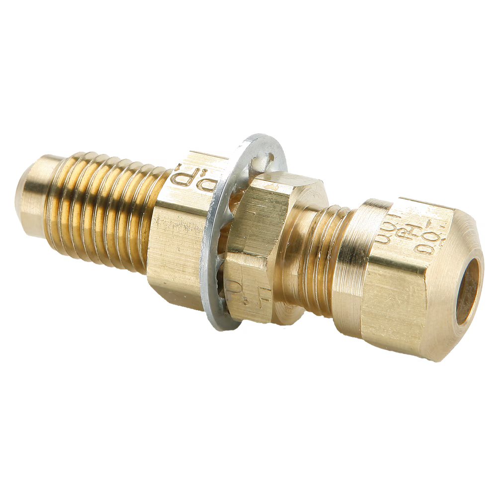 62NFBH-10 by Parker | Air Brake–NTA® Fittings | Bulkhead Union | 5/8" Tube Size x 5/8" Flare Size x 13/16" Thread | 1" Hex B | 1" Hex C | 2.68" Length | Straight | Brass | Pack of 10