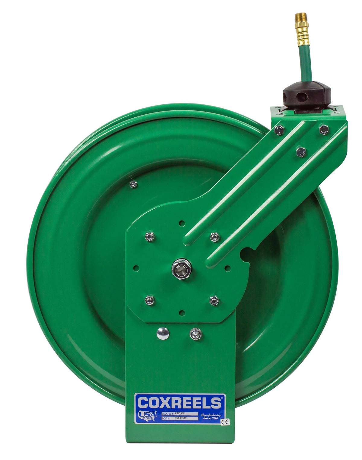 P-NP-350 by Coxreels | Nitro-Pro Series | 300 PSI Spring Driven Hose Reel for Nitrogen | 3/8" Hose ID, 3/8" FNPT Inlet x 3/8" MNPT Hose End | Steel | 50ft PVC Hose Included