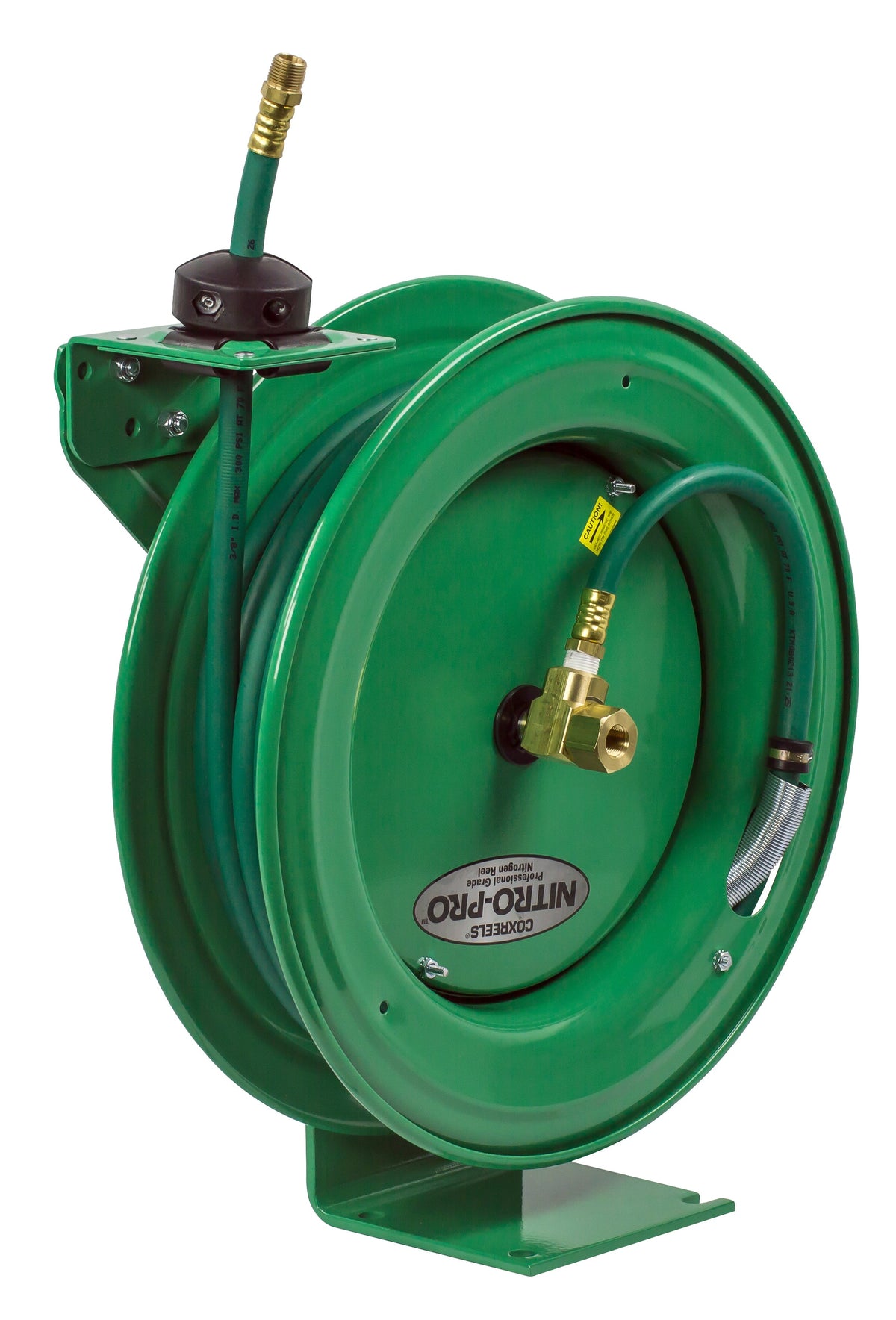 P-NP-350 by Coxreels | Nitro-Pro Series | 300 PSI Spring Driven Hose Reel for Nitrogen | 3/8" Hose ID, 3/8" FNPT Inlet x 3/8" MNPT Hose End | Steel | 50ft PVC Hose Included