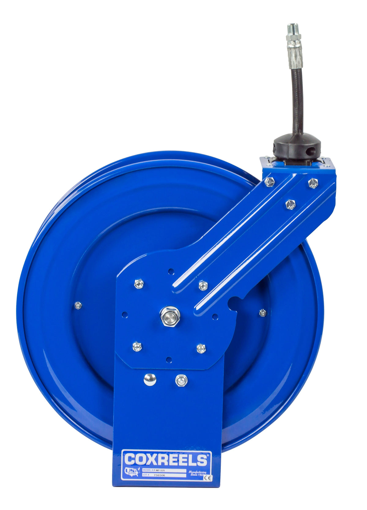 P-MP-320 by Coxreels | P Series | 3,000 PSI Spring Driven Hose Reel | 3/8" Hose ID, 3/8" FNPT Inlet x 3/8" MNPT Hose End | Steel | 20ft Rubber Hose Included