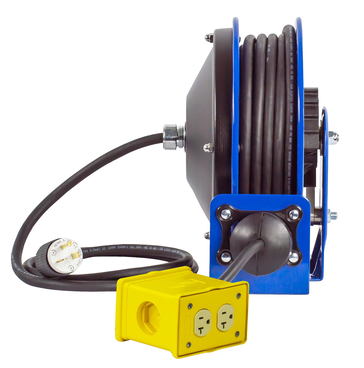 PC10-3012-B by Coxreels | PC10 Series | Spring Driven Power Cord Reel with Quad Industrial Receptacle | 12/3 SJO Cord, 20A, 115V | Steel | 30ft Cord Included