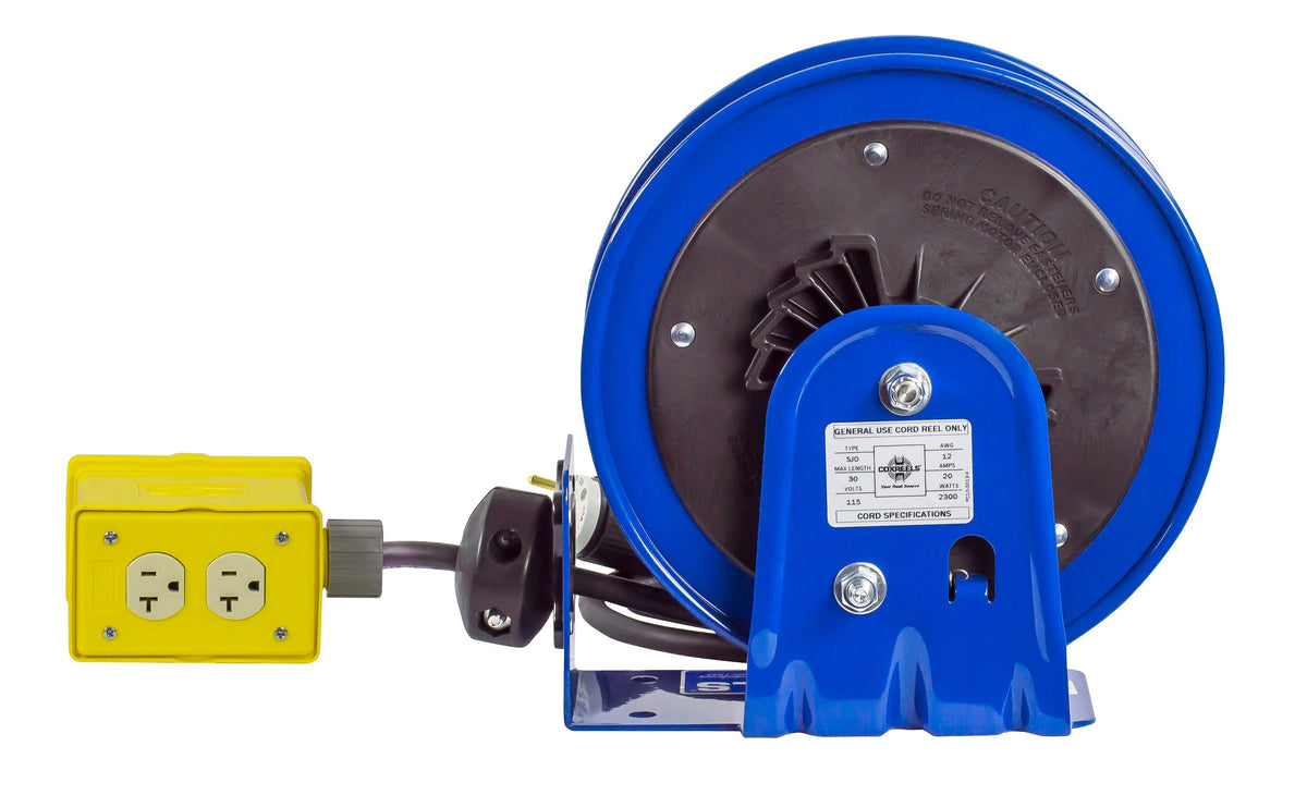 PC10-3012-B by Coxreels | PC10 Series | Spring Driven Power Cord Reel with Quad Industrial Receptacle | 12/3 SJO Cord, 20A, 115V | Steel | 30ft Cord Included
