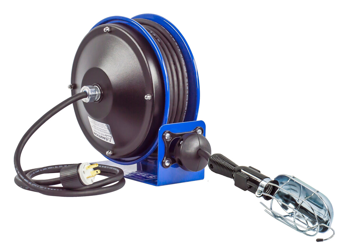 PC10-3016-E by Coxreels | PC10 Series | Spring Driven Power Cord Reel with Incandescent Cage Light with Tool Tap | 16/3 SJTO Cord, 13A, 115V | Steel | 30ft Cord Included