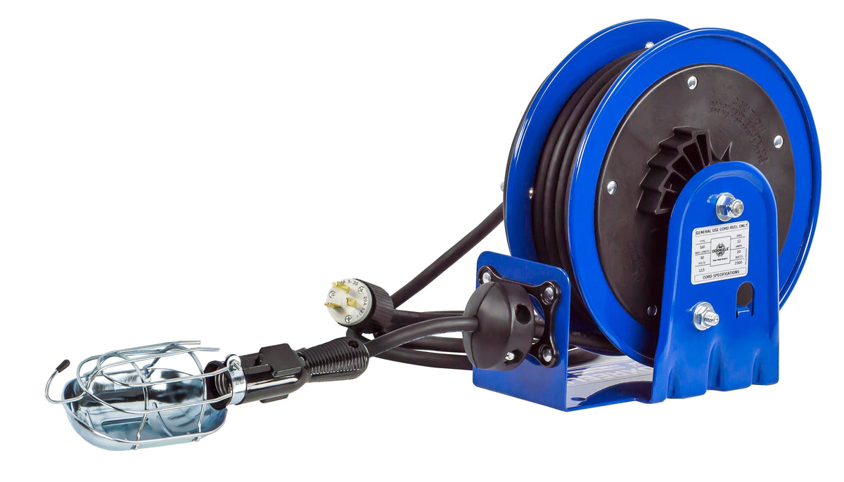 PC10-3016-E by Coxreels | PC10 Series | Spring Driven Power Cord Reel with Incandescent Cage Light with Tool Tap | 16/3 SJTO Cord, 13A, 115V | Steel | 30ft Cord Included