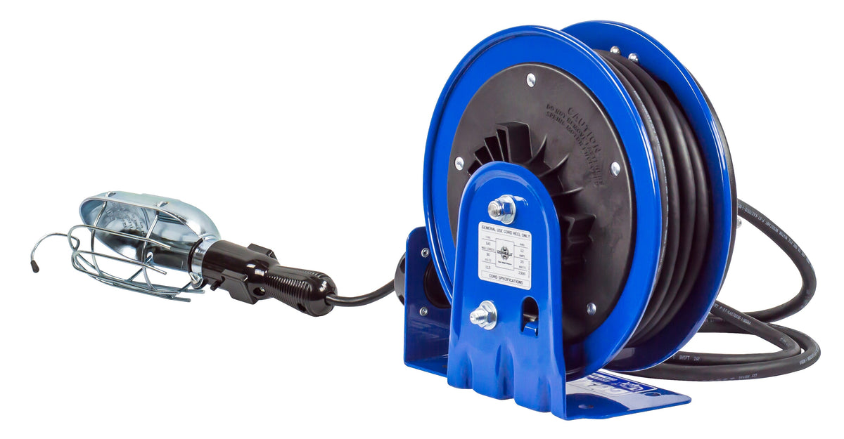 PC10-3016-E by Coxreels | PC10 Series | Spring Driven Power Cord Reel with Incandescent Cage Light with Tool Tap | 16/3 SJTO Cord, 13A, 115V | Steel | 30ft Cord Included