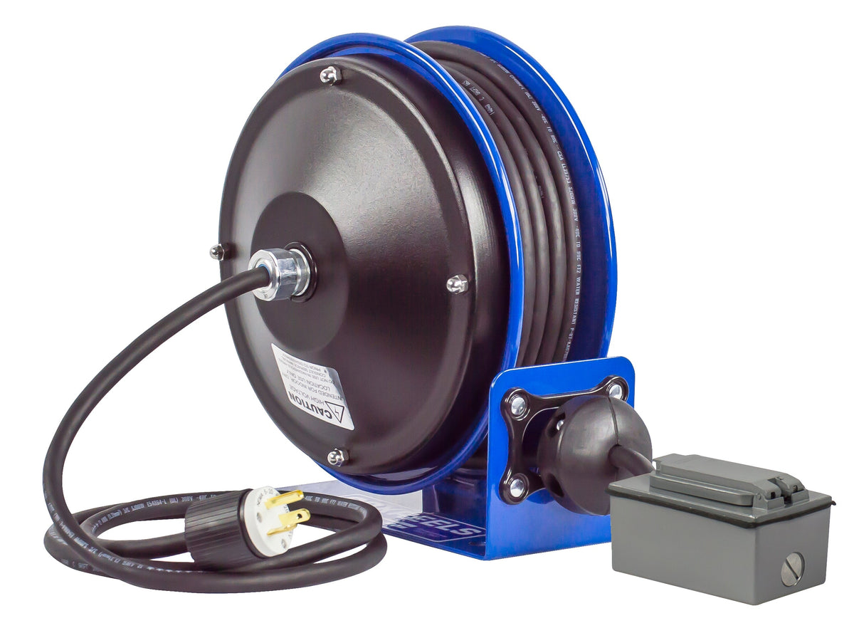 PC10-3016-F by Coxreels | PC10 Series | Spring Driven Power Cord Reel with Duplex GFCI Receptacle | 16/3 SJO Cord, 13A, 115V | Steel | 30ft Cord Included