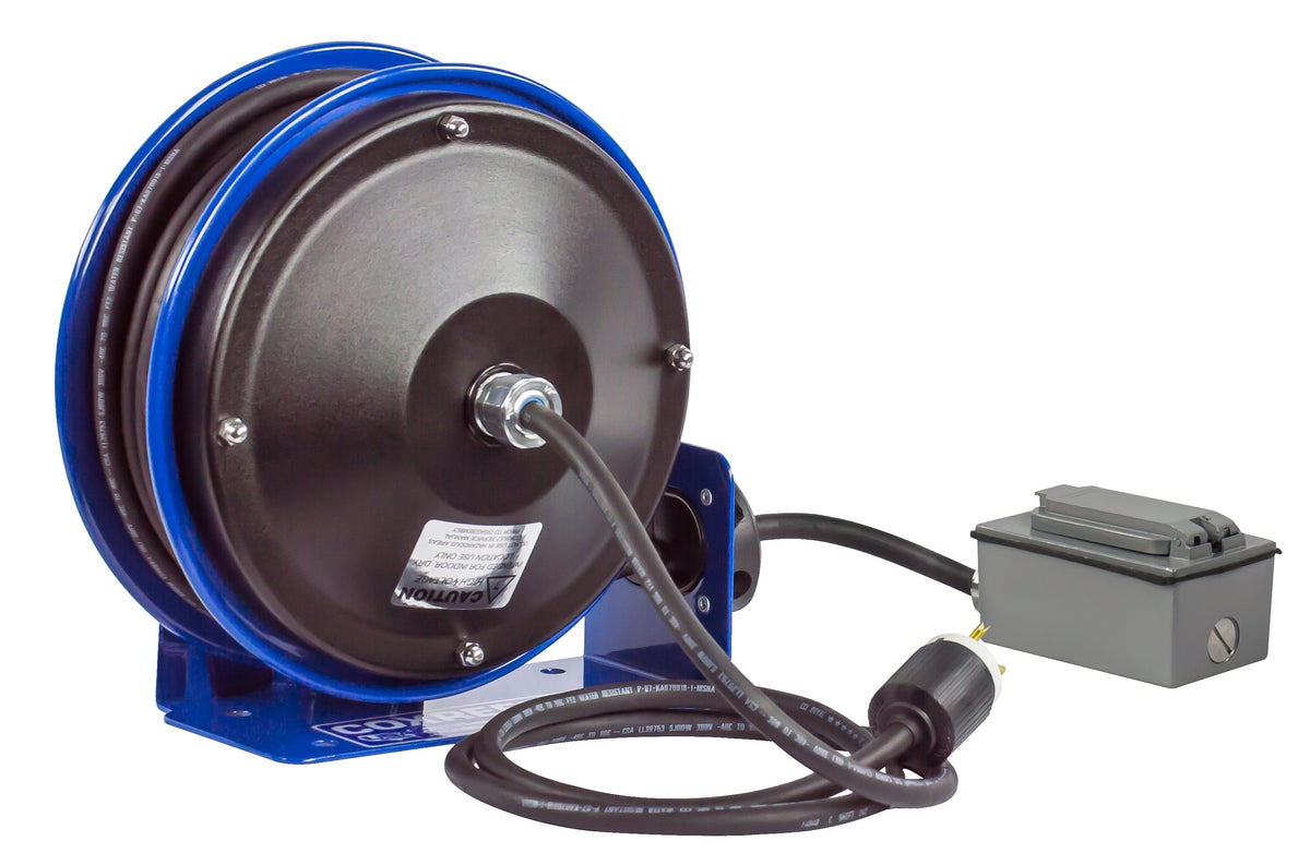 PC10-3012-F by Coxreels | PC10 Series | Spring Driven Power Cord Reel with Duplex GFCI Receptacle | 12/3 SJO Cord, 20A, 115V | Steel | 30ft Cord Included