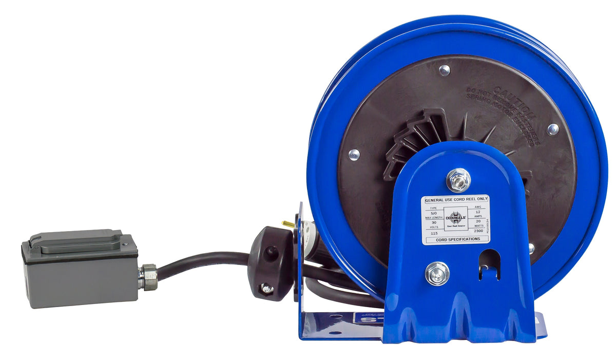 PC10-3016-F by Coxreels | PC10 Series | Spring Driven Power Cord Reel with Duplex GFCI Receptacle | 16/3 SJO Cord, 13A, 115V | Steel | 30ft Cord Included