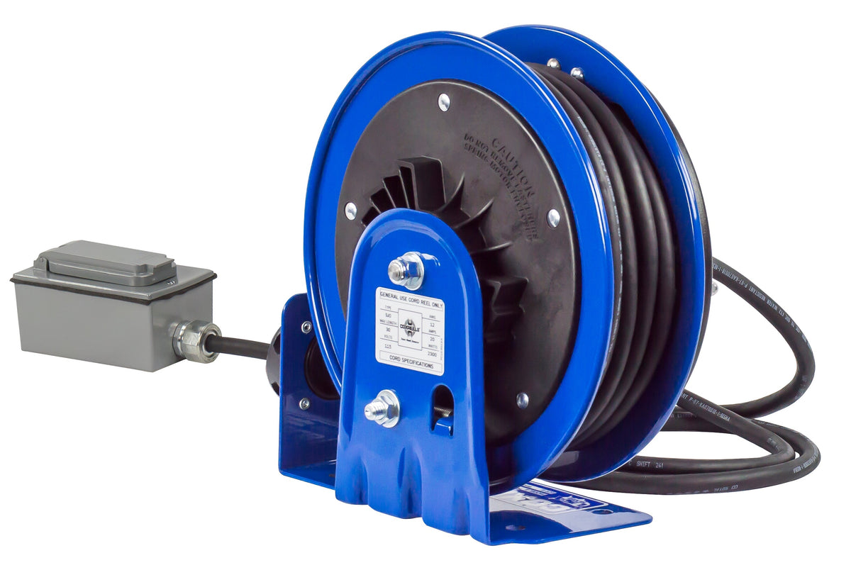 PC10-3012-F by Coxreels | PC10 Series | Spring Driven Power Cord Reel with Duplex GFCI Receptacle | 12/3 SJO Cord, 20A, 115V | Steel | 30ft Cord Included
