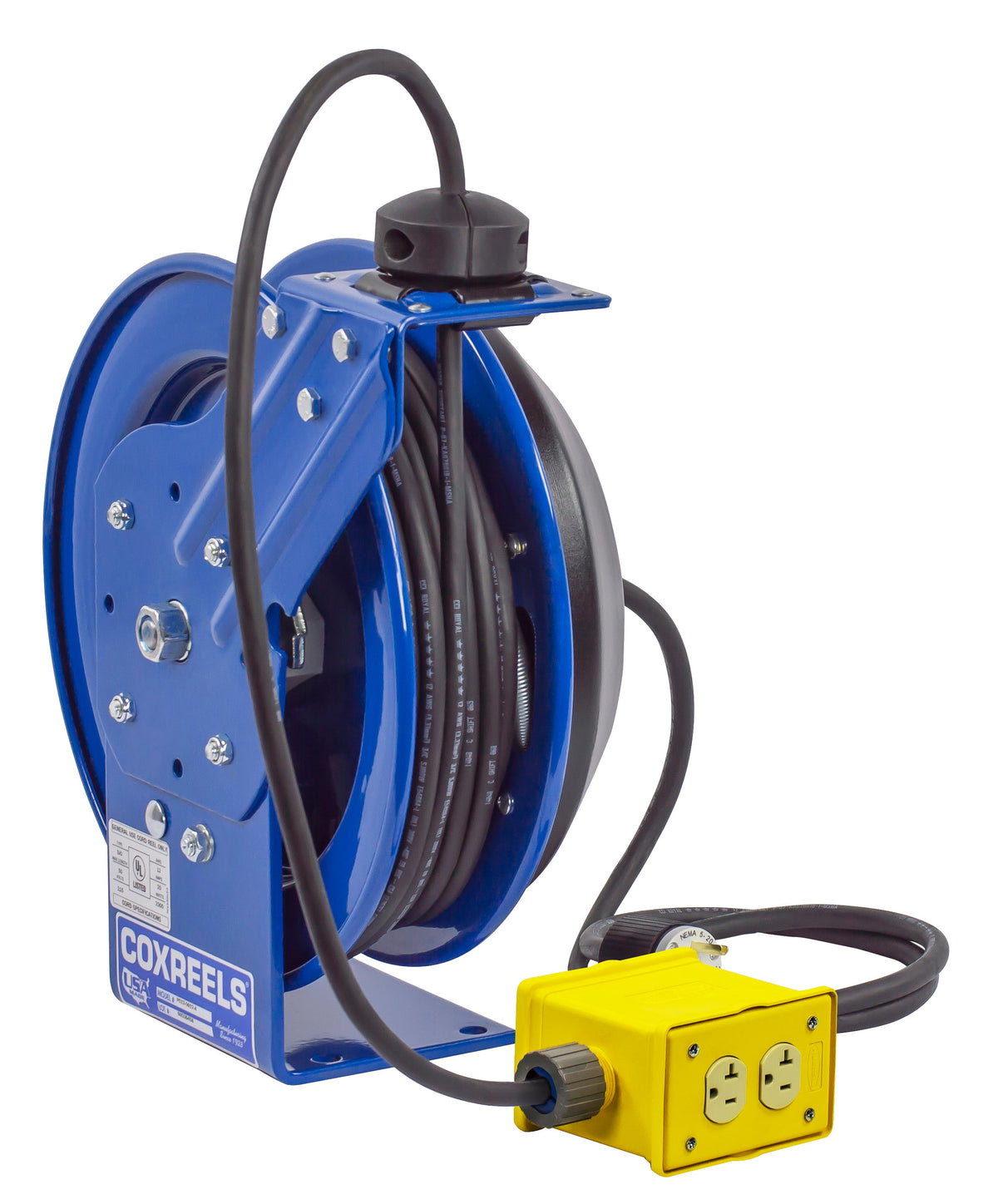 PC13-5012-B by Coxreels | PC Series | Spring Driven Power Cord Reel with Quad Industrial Receptacle | 12/3 SJO Cord, 20A, 115V | Steel | 50ft Cord Included