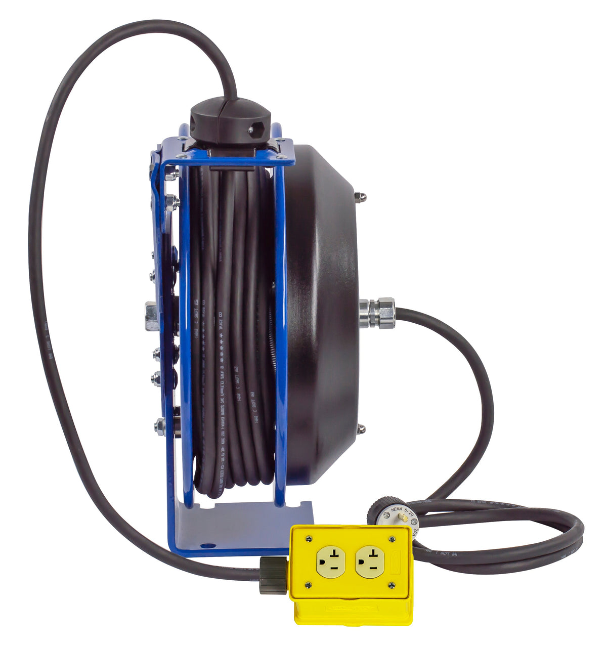 PC13-5012-B by Coxreels | PC Series | Spring Driven Power Cord Reel with Quad Industrial Receptacle | 12/3 SJO Cord, 20A, 115V | Steel | 50ft Cord Included