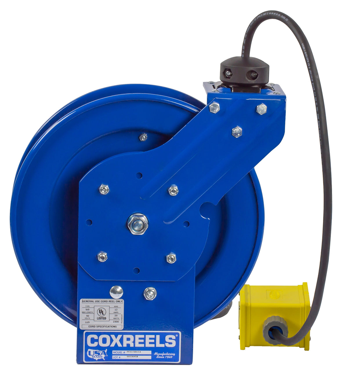 PC13-5012-B by Coxreels | PC Series | Spring Driven Power Cord Reel with Quad Industrial Receptacle | 12/3 SJO Cord, 20A, 115V | Steel | 50ft Cord Included