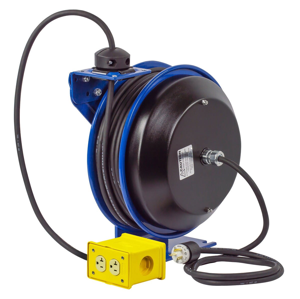 PC13-5012-B by Coxreels | PC Series | Spring Driven Power Cord Reel with Quad Industrial Receptacle | 12/3 SJO Cord, 20A, 115V | Steel | 50ft Cord Included