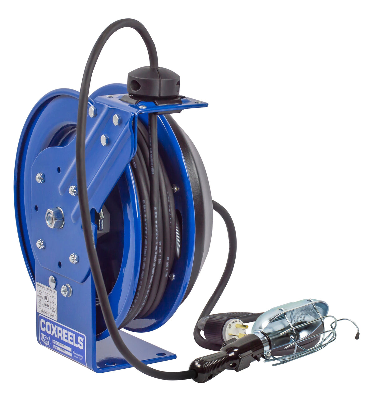 PC13-5016-E by Coxreels | PC Series | Spring Driven Power Cord Reel with Incandescent Cage Light | 16/3 SJTO Cord, 13A, 115V | Steel | 50ft Cord Included