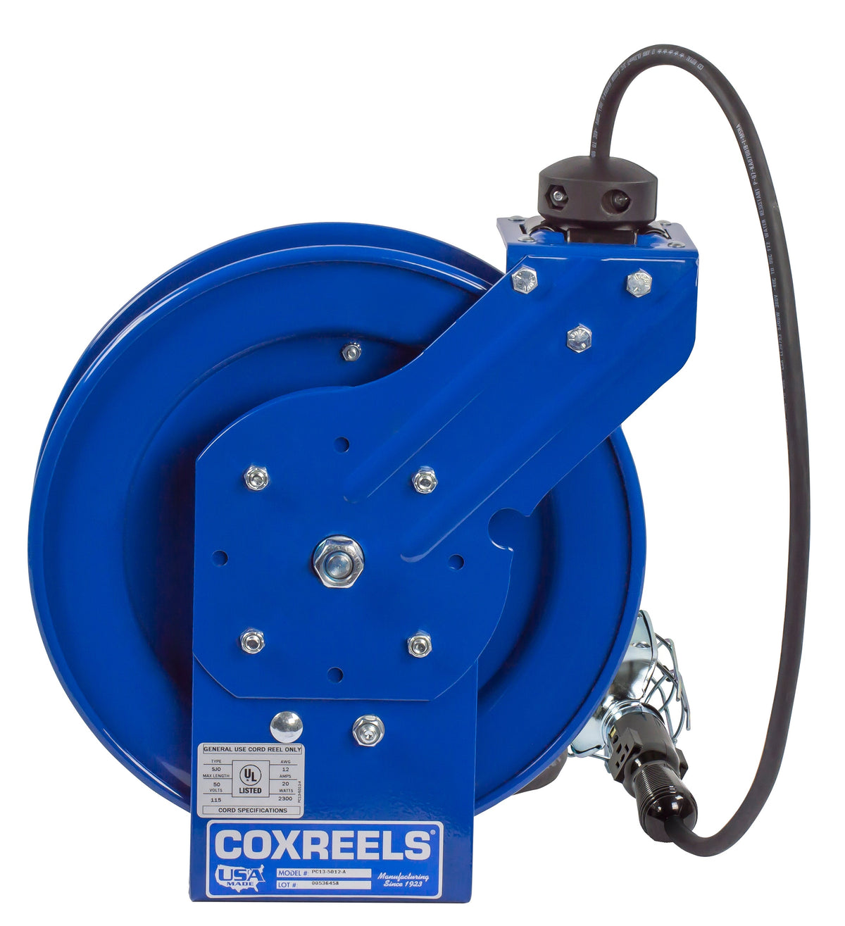PC13-5016-E by Coxreels | PC Series | Spring Driven Power Cord Reel with Incandescent Cage Light | 16/3 SJTO Cord, 13A, 115V | Steel | 50ft Cord Included