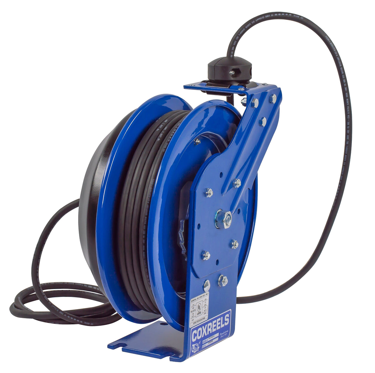 PC13-3516-E by Coxreels | PC Series | Spring Driven Power Cord Reel with Incandescent Cage Light | 16/3 SJTO Cord, 13A, 115V | Steel | 35ft Cord Included