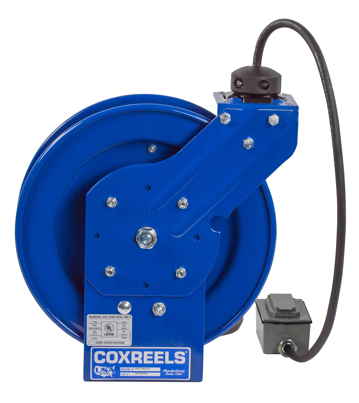PC13-3516-F by Coxreels | PC Series | Spring Driven Power Cord Reel with Duplex Industrial Receptacle | 16/3 SJO Cord, 13A, 115V | Steel | 35ft Cord Included