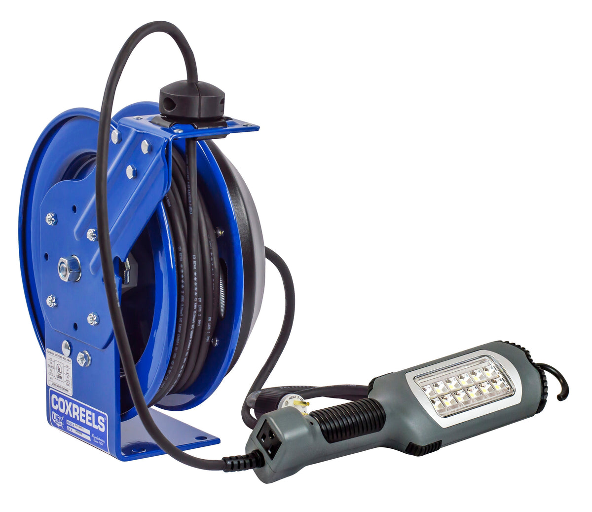 PC13-5016-K by Coxreels | PC Series | Spring Driven Power Cord Reel with LED Light with Tool Tap | 16/3 SJTO Cord, 13A, 115V | Steel | 50ft Cord Included