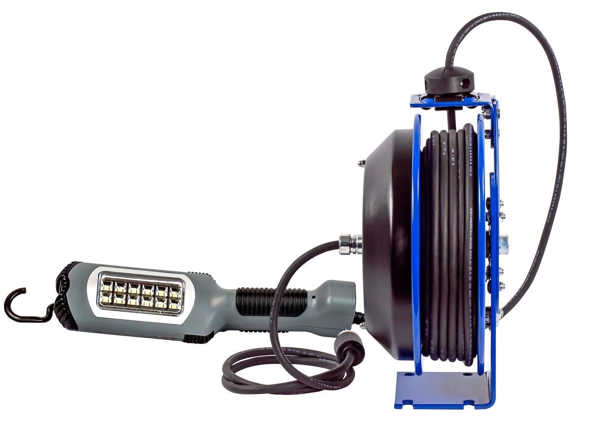 PC13-5016-K by Coxreels | PC Series | Spring Driven Power Cord Reel with LED Light with Tool Tap | 16/3 SJTO Cord, 13A, 115V | Steel | 50ft Cord Included