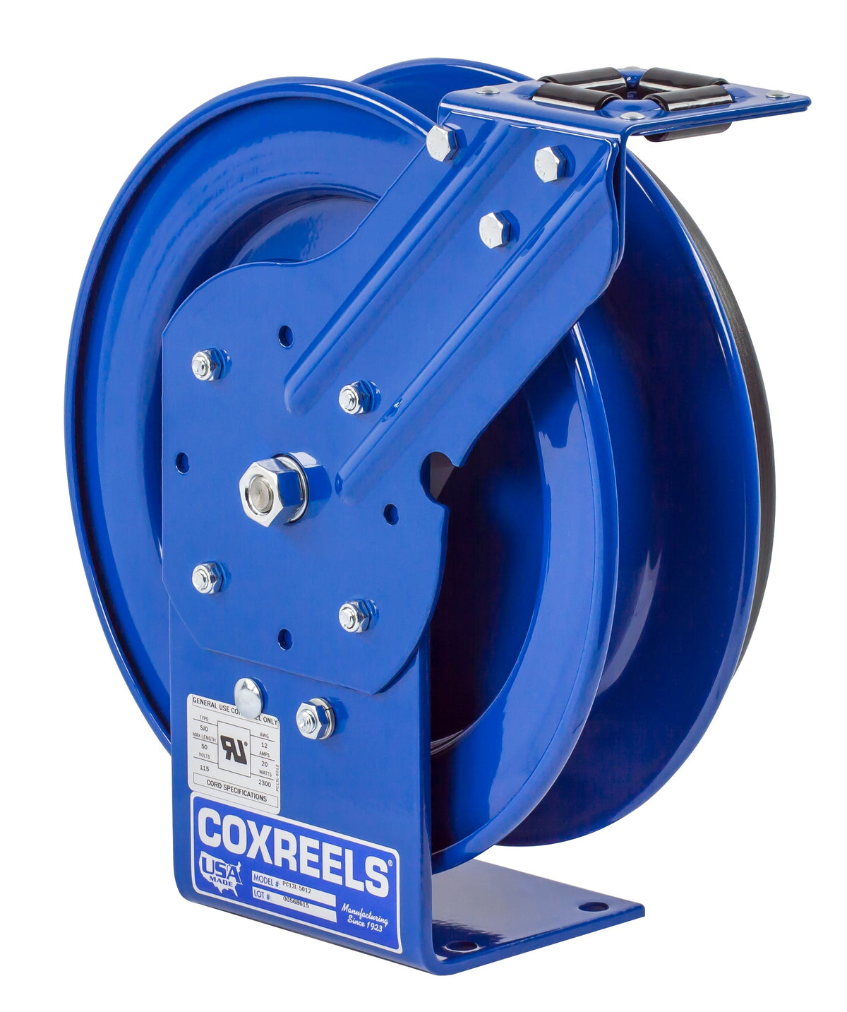 PC13L-5016 by Coxreels | PC Series | Spring Driven Cord Reel | 16/3 SJO Cord, 25A, 115V | Steel | 50ft Capacity, Cord Not Included