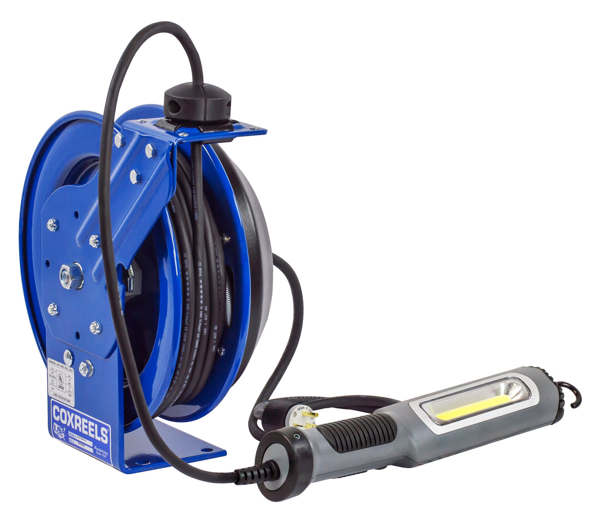 PC13-5016-M by Coxreels | PC Series | Spring Driven Power Cord Reel with Compact LED Light | 16/3 SJTO Cord, 13A, 115V | Steel | 50ft Cord Included