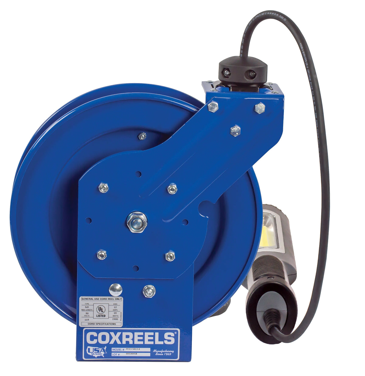 PC13-5016-M by Coxreels | PC Series | Spring Driven Power Cord Reel with Compact LED Light | 16/3 SJTO Cord, 13A, 115V | Steel | 50ft Cord Included