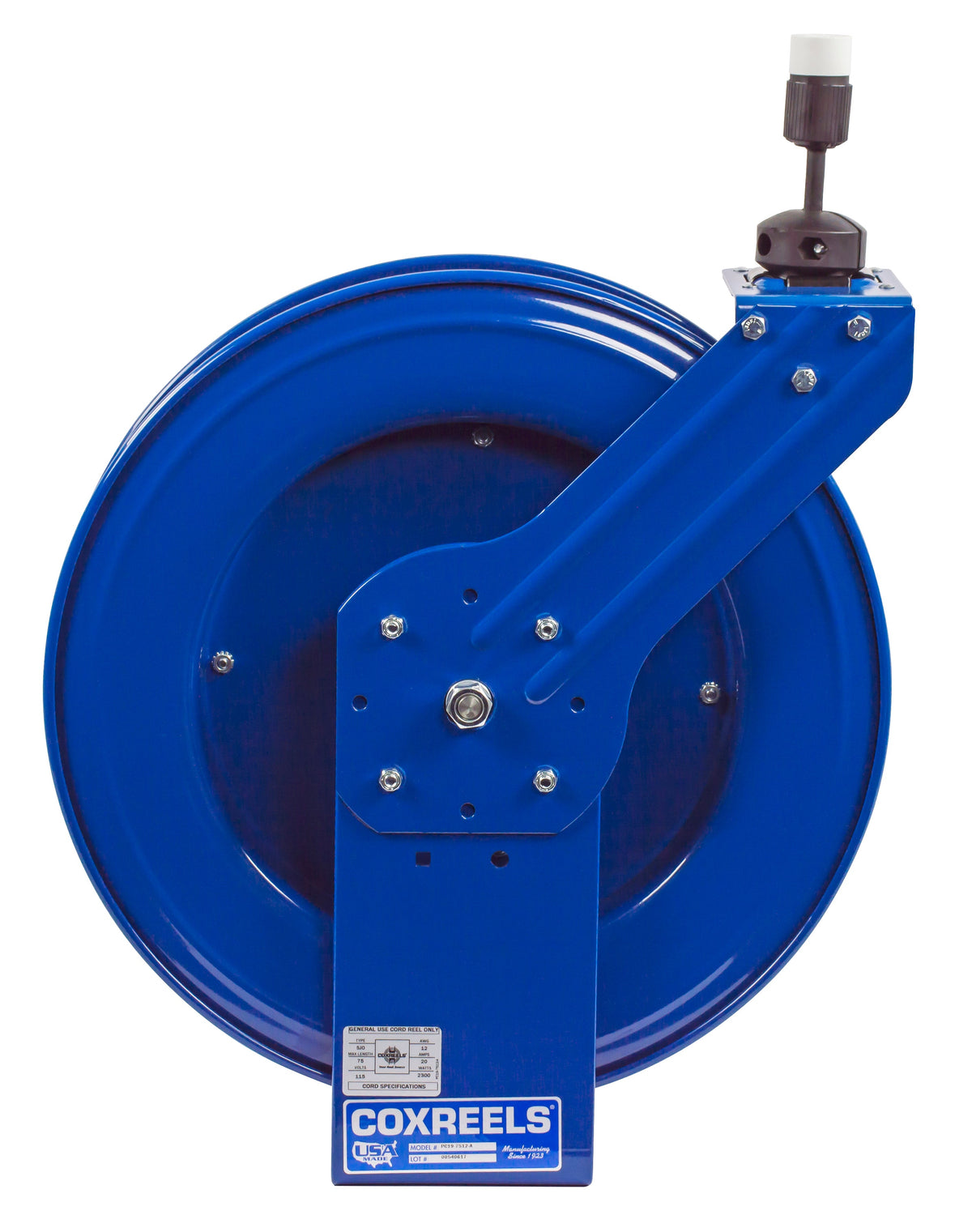 PC19-7512-A by Coxreels | PC Series | Spring Driven Power Cord Reel with Single Industrial Receptacle | 12/3 SJO Cord, 20A, 115V | Steel | 75ft Cord Included