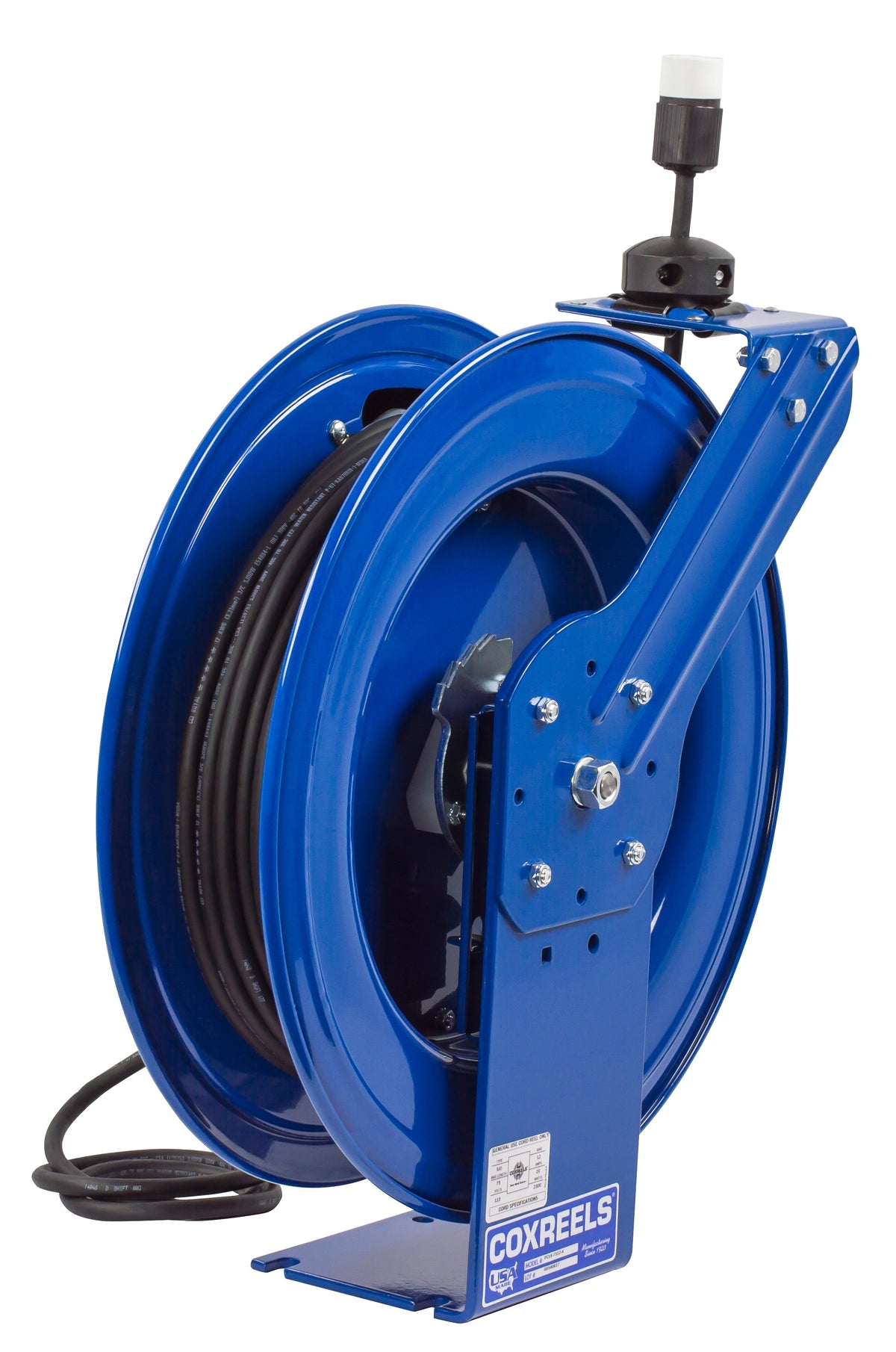 PC19-7516-A by Coxreels | PC Series | Spring Driven Power Cord Reel with Single Industrial Receptacle | 16/3 SJO Cord, 13A, 115V | Steel | 75ft Cord Included